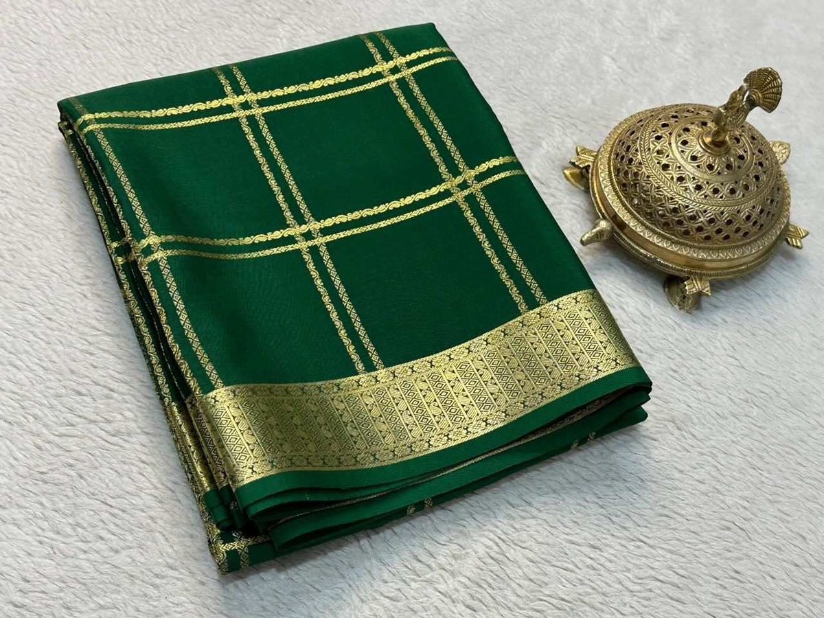 Bridal Wear Silk Brocade Mysore Silk Saree – Gold & Silver Zari Checks