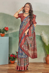 Regal Weaves: Viscose Satin Silk with Kalamkari Touch