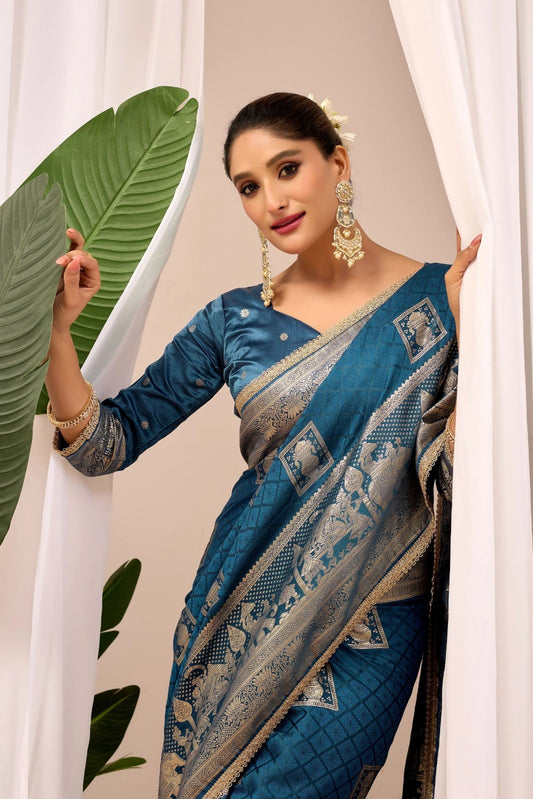 Teal Blue Soft Silk Saree with Woven Motifs & Rich Zari Border