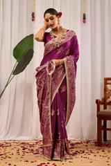 Wine Purple Silk Blend Saree with Heritage Floral Design & Gold Zari Border