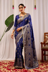 Royal Midnight Blue Saree with Intricate Floral Weaving & Silver Zari Elegance