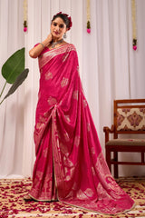 Magenta Satin Silk Saree with Antique Gold Zari Motifs