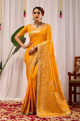 Mustard Yellow Satin Silk Saree with Antique Gold Zari Weaving