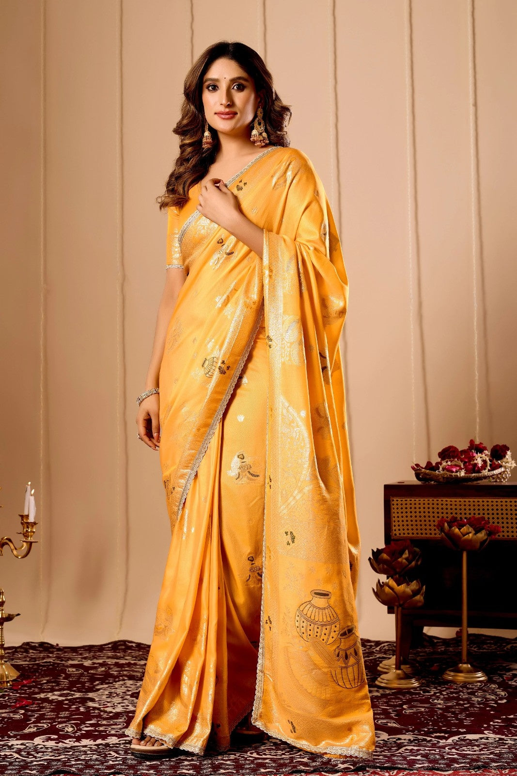 Mustard Yellow Satin Silk Saree with Gold Zari Weaving & Pot Motif Pallu