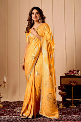Mustard Yellow Satin Silk Saree with Gold Zari Weaving & Pot Motif Pallu