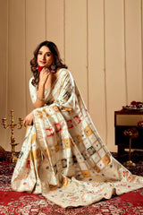 Ivory Pearl Satin Silk Saree with Multicolor Zari Motifs