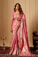 Blush Pink Satin Silk Saree with Antique Gold Zari Motifs