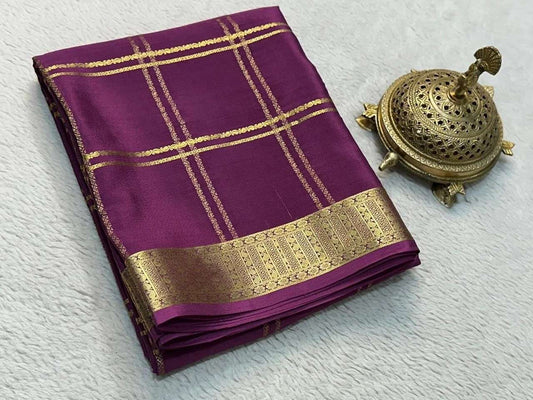 Bridal Wear Silk Brocade Mysore Silk Saree – Gold & Silver Zari Checks