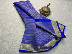 Bridal Wear Silk Brocade Mysore Silk Saree – Gold & Silver Zari Floral Checks