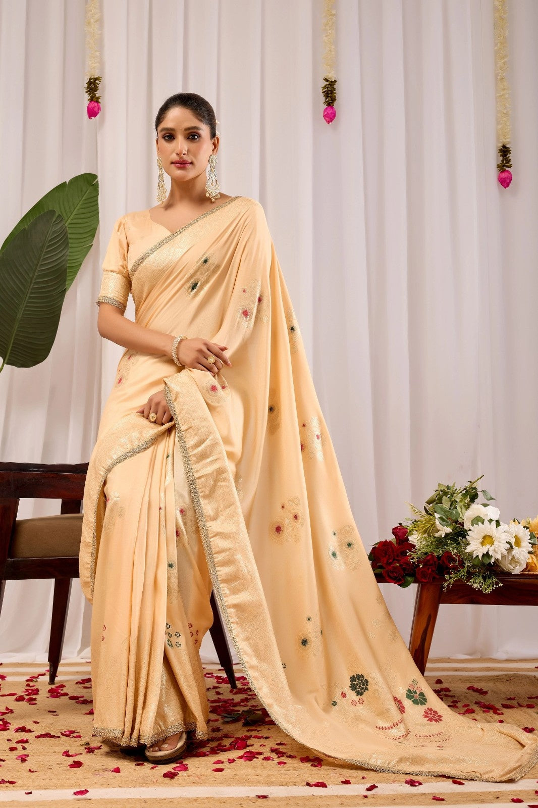 Elegant Beige Silk Saree with Subtle Floral Motifs & Classic Pallu