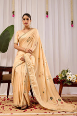 Elegant Beige Silk Saree with Subtle Floral Motifs & Classic Pallu