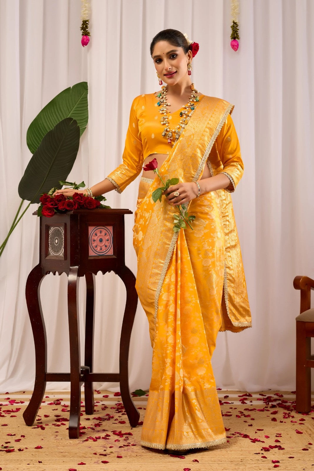 Golden Mustard Silk Blend Saree with Heritage Floral Design & Zari Border