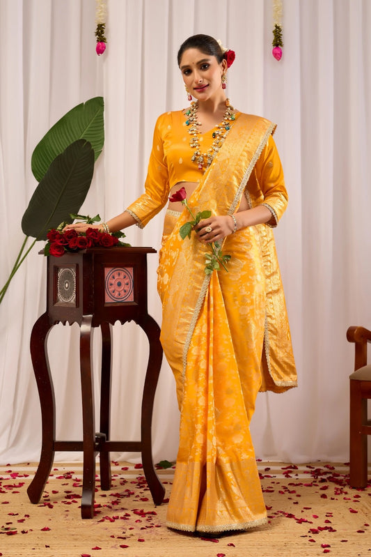 Golden Mustard Silk Blend Saree with Heritage Floral Design & Zari Border