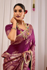 Wine Purple Silk Blend Saree with Heritage Floral Design & Gold Zari Border