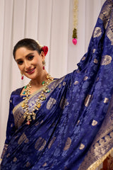Royal Midnight Blue Saree with Intricate Floral Weaving & Silver Zari Elegance