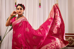 Magenta Satin Silk Saree with Antique Gold Zari Motifs