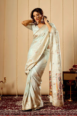Mint Ivory Satin Silk Saree with Subtle Gold Zari Weaving & Artistic Pallu