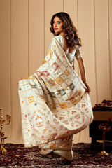 Ivory Pearl Satin Silk Saree with Multicolor Zari Motifs