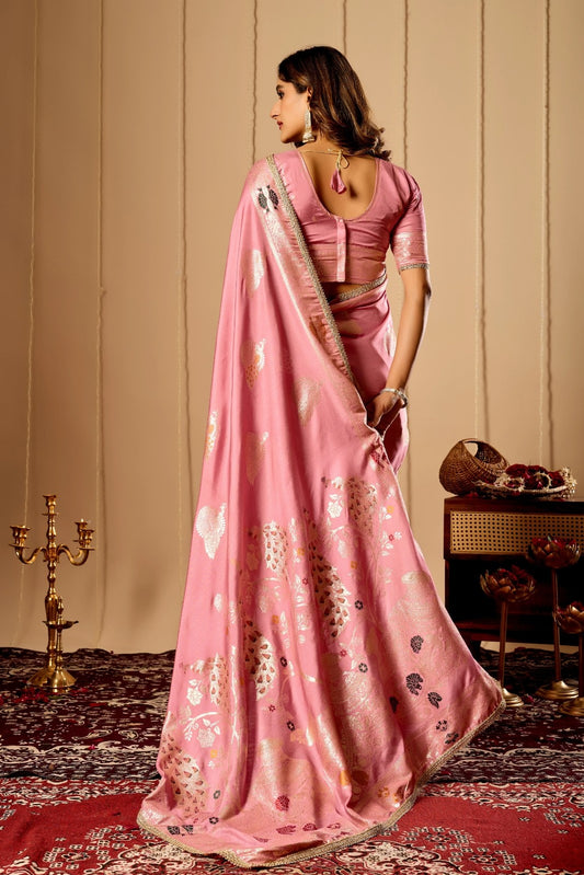 Blush Pink Satin Silk Saree with Antique Gold Zari Motifs