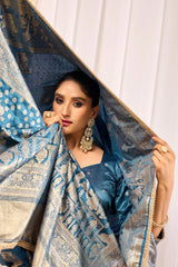 Teal Blue Soft Silk Saree with Woven Motifs & Rich Zari Border