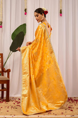 Golden Mustard Silk Blend Saree with Heritage Floral Design & Zari Border
