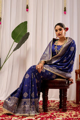Royal Midnight Blue Saree with Intricate Floral Weaving & Silver Zari Elegance