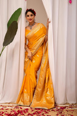 Mustard Yellow Satin Silk Saree with Antique Gold Zari Weaving