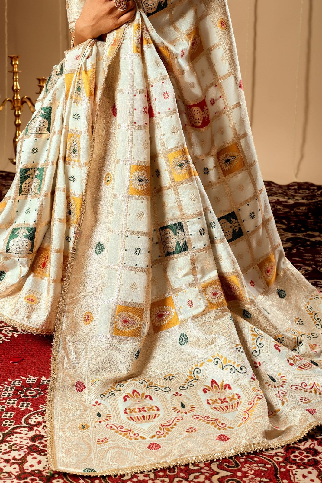 Ivory Pearl Satin Silk Saree with Multicolor Zari Motifs