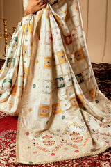 Ivory Pearl Satin Silk Saree with Multicolor Zari Motifs