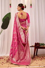 Rose Pink Floral Silk Saree with Traditional Motifs & Rich Zari Border