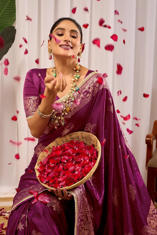 Wine Purple Silk Blend Saree with Heritage Floral Design & Gold Zari Border