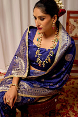 Royal Midnight Blue Saree with Intricate Floral Weaving & Silver Zari Elegance