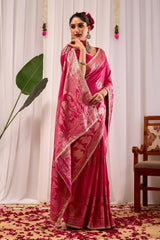 Magenta Satin Silk Saree with Antique Gold Zari Motifs