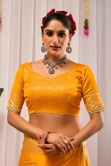 Mustard Yellow Satin Silk Saree with Antique Gold Zari Weaving