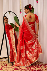 Crimson Red Satin Silk Saree with Heritage Gold Zari Weaving