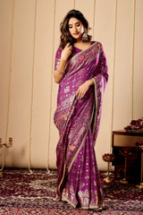 Amethyst Satin Silk Saree with Heritage Design & Intricate Zari Work