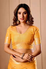 Mustard Yellow Satin Silk Saree with Gold Zari Weaving & Pot Motif Pallu