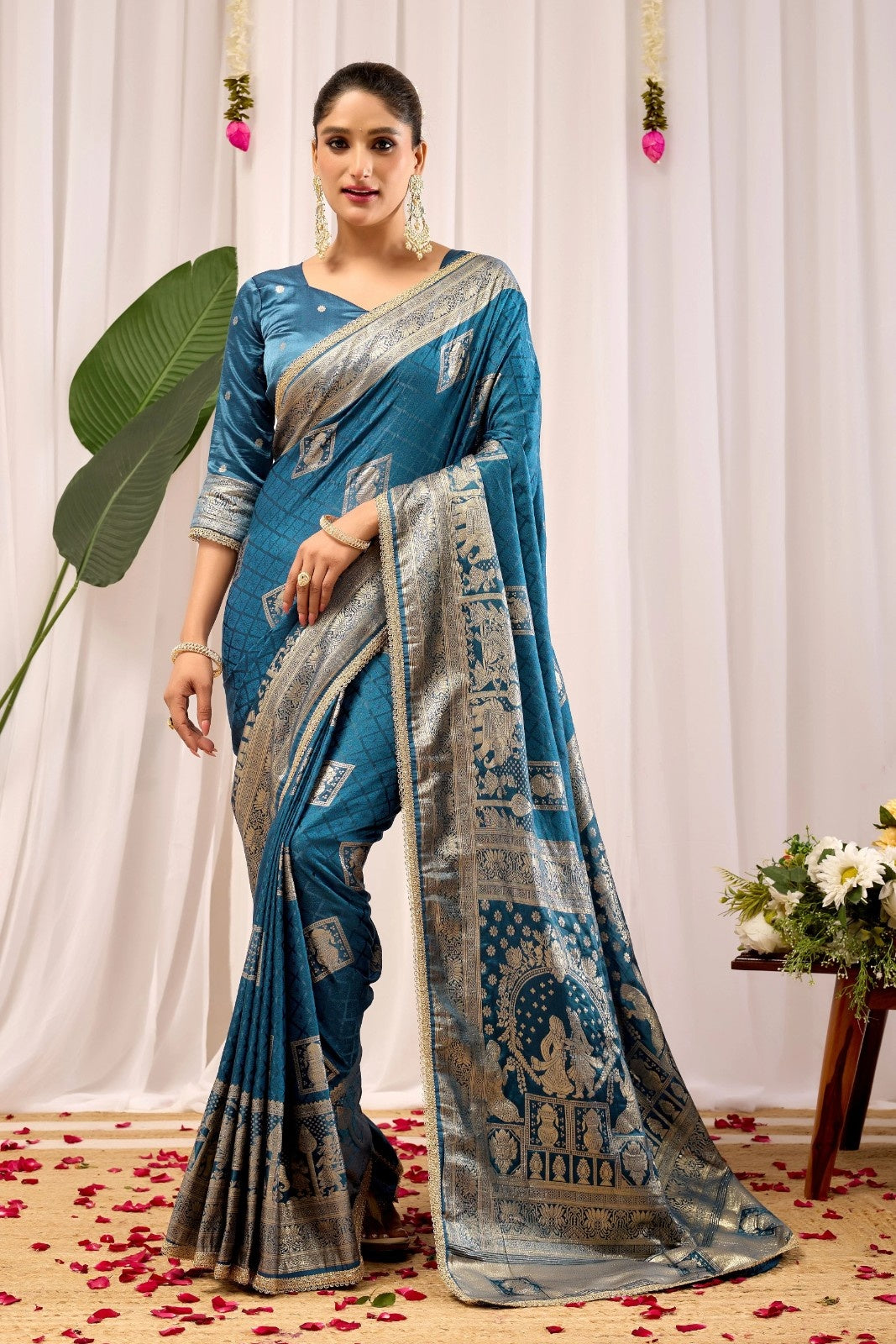 Teal Blue Soft Silk Saree with Woven Motifs & Rich Zari Border