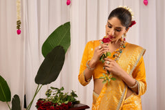 Golden Mustard Silk Blend Saree with Heritage Floral Design & Zari Border