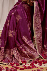 Wine Purple Silk Blend Saree with Heritage Floral Design & Gold Zari Border
