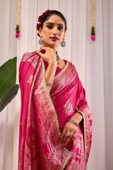 Magenta Satin Silk Saree with Antique Gold Zari Motifs