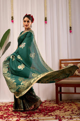 Emerald Green Satin Silk Saree with Antique Gold Zari Paisley Design