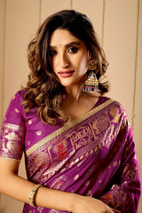 Amethyst Satin Silk Saree with Heritage Design & Intricate Zari Work