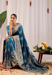 Teal Blue Soft Silk Saree with Woven Motifs & Rich Zari Border