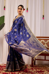Royal Midnight Blue Saree with Intricate Floral Weaving & Silver Zari Elegance