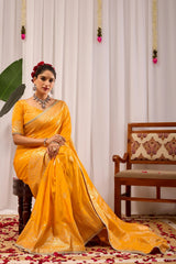 Mustard Yellow Satin Silk Saree with Antique Gold Zari Weaving
