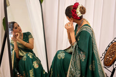 Emerald Green Satin Silk Saree with Antique Gold Zari Paisley Design