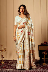 Ivory Pearl Satin Silk Saree with Multicolor Zari Motifs