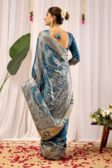 Teal Blue Soft Silk Saree with Woven Motifs & Rich Zari Border