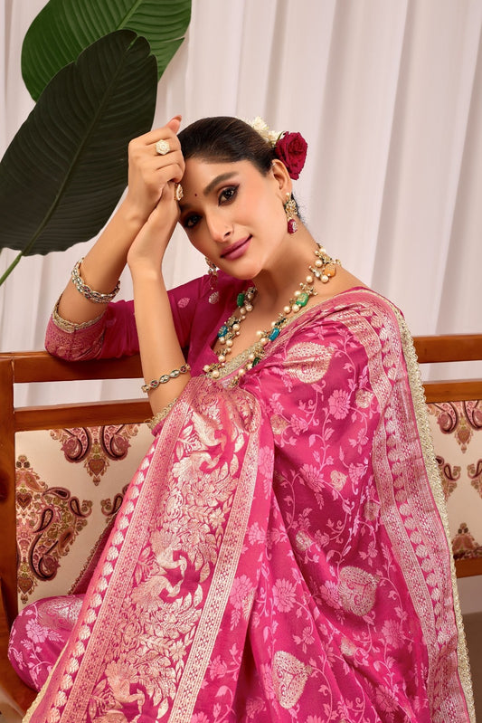 Rose Pink Floral Silk Saree with Traditional Motifs & Rich Zari Border